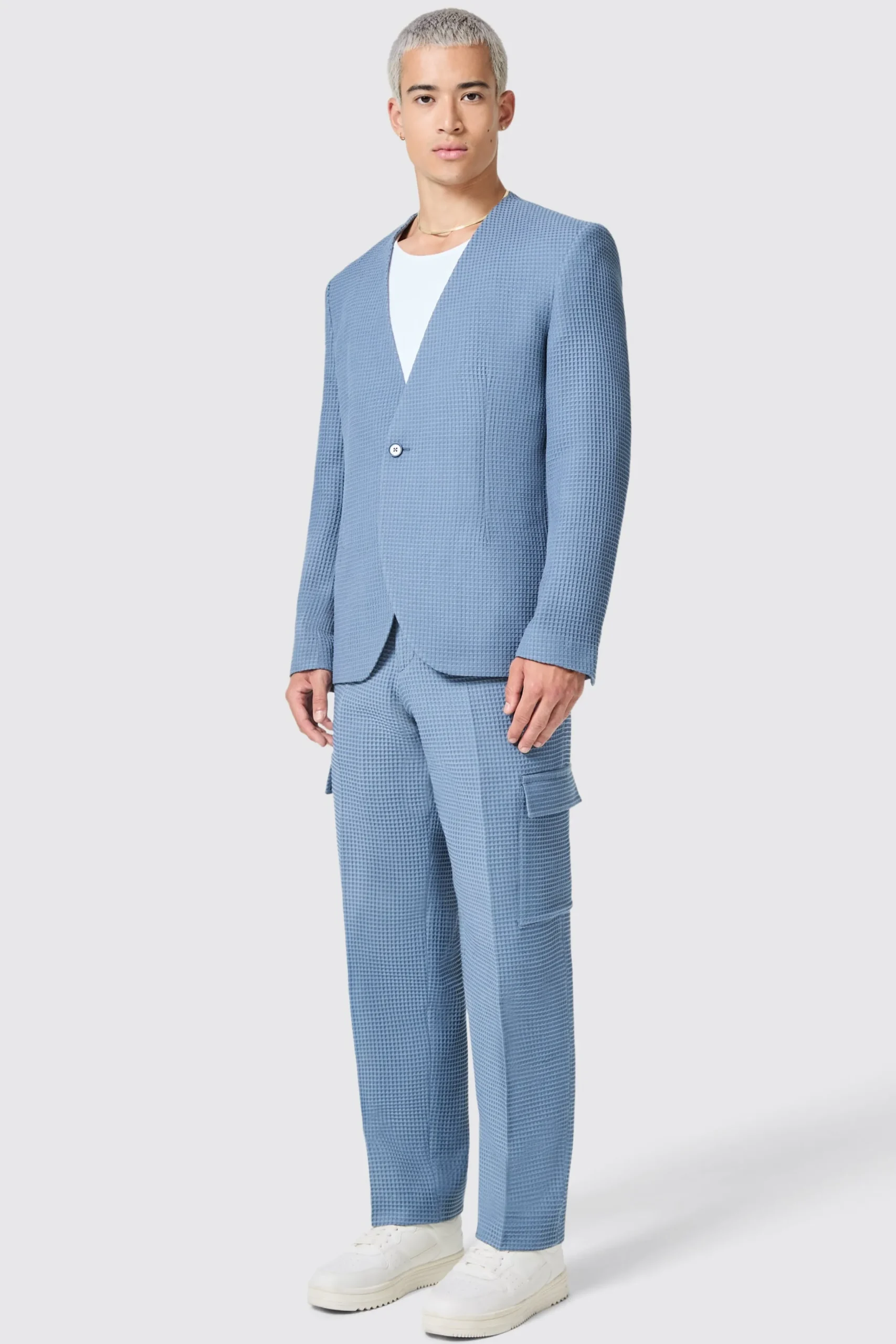 Twisted Tailor Anthony Oversized Blue Waffle Knit Cotton Trousers | Unisex | Trousers·Casual Trousers