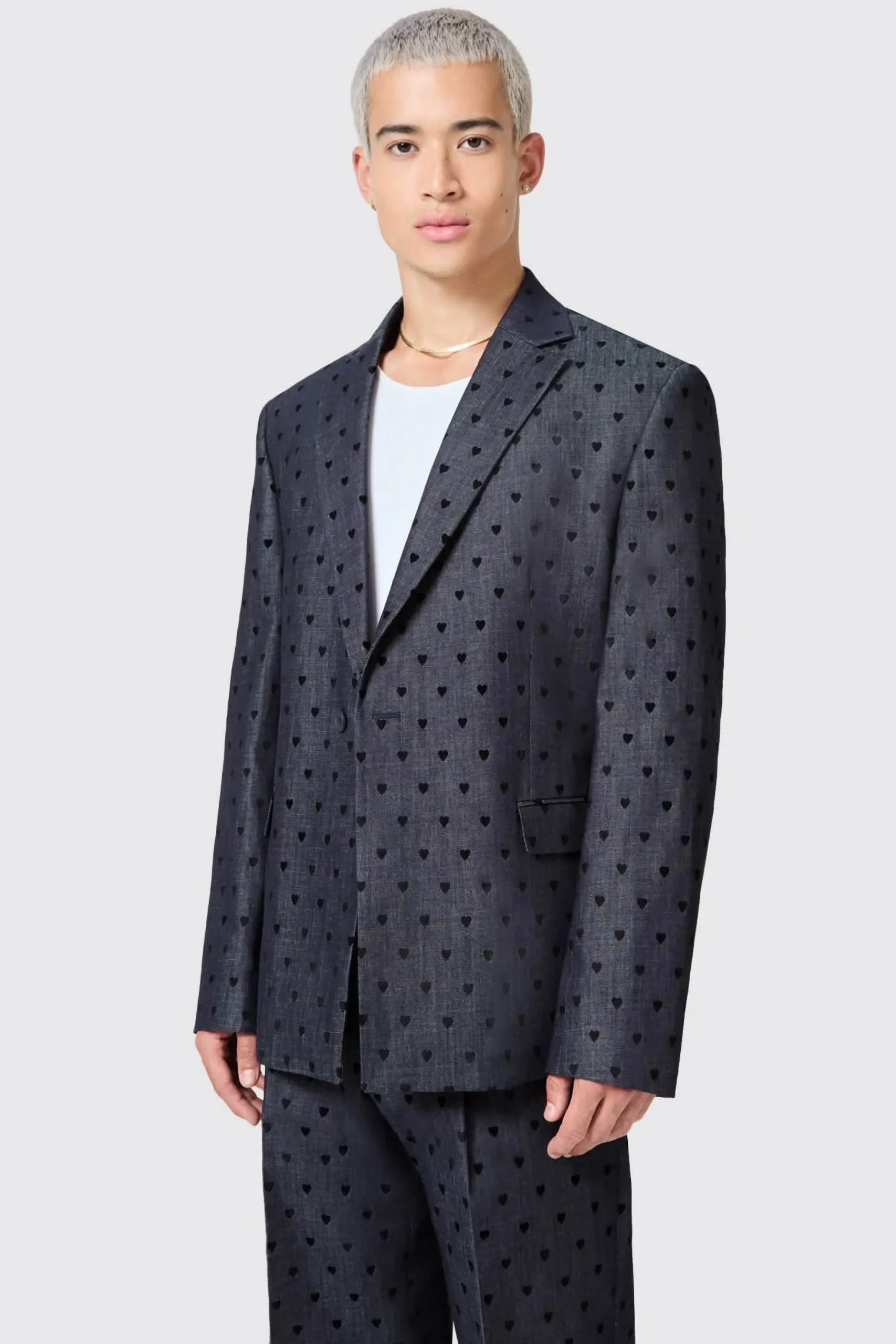 Twisted Tailor Blugi Slim Fit Blue Denim Heart Flocked Cotton Jacket | Unisex | Jackets·Casual Jackets