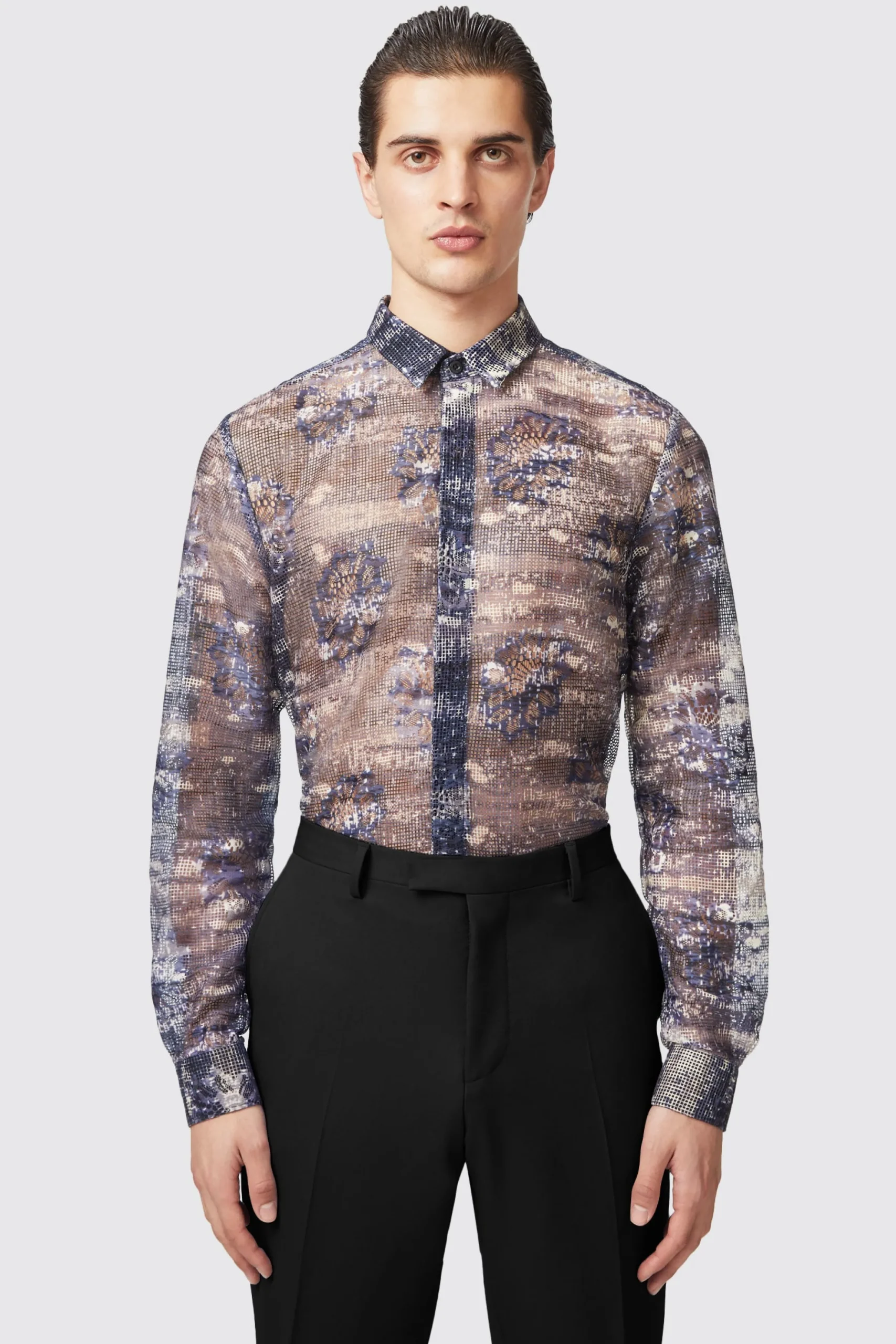 Twisted Tailor Caples Slim Fit Blue Mesh Shirt | Style·Patterned Shirts | Occasion·Party Shirts