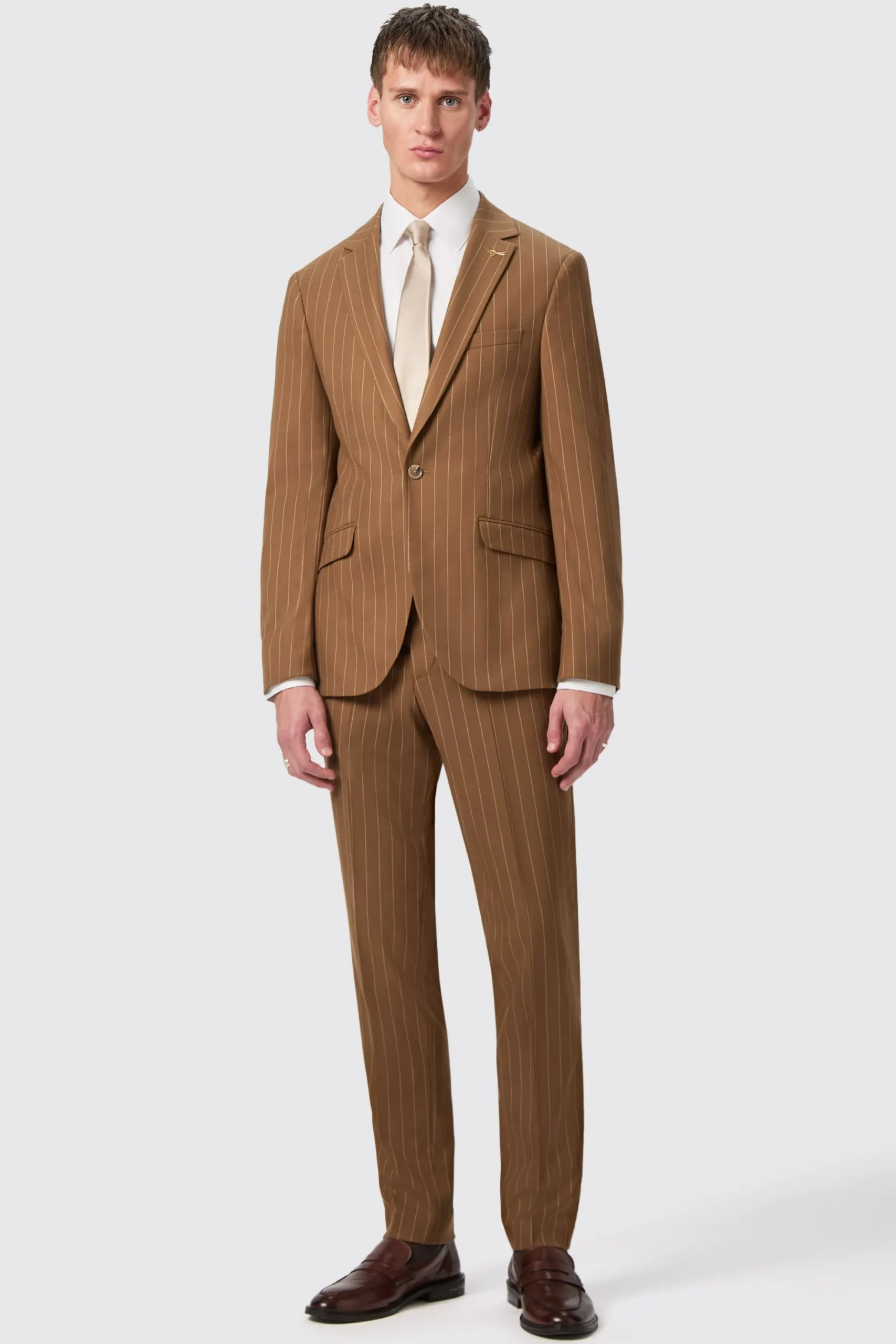 Twisted Tailor Cuttel Slim Fit Brown Pinstripe Trousers | Trousers·Party Trousers