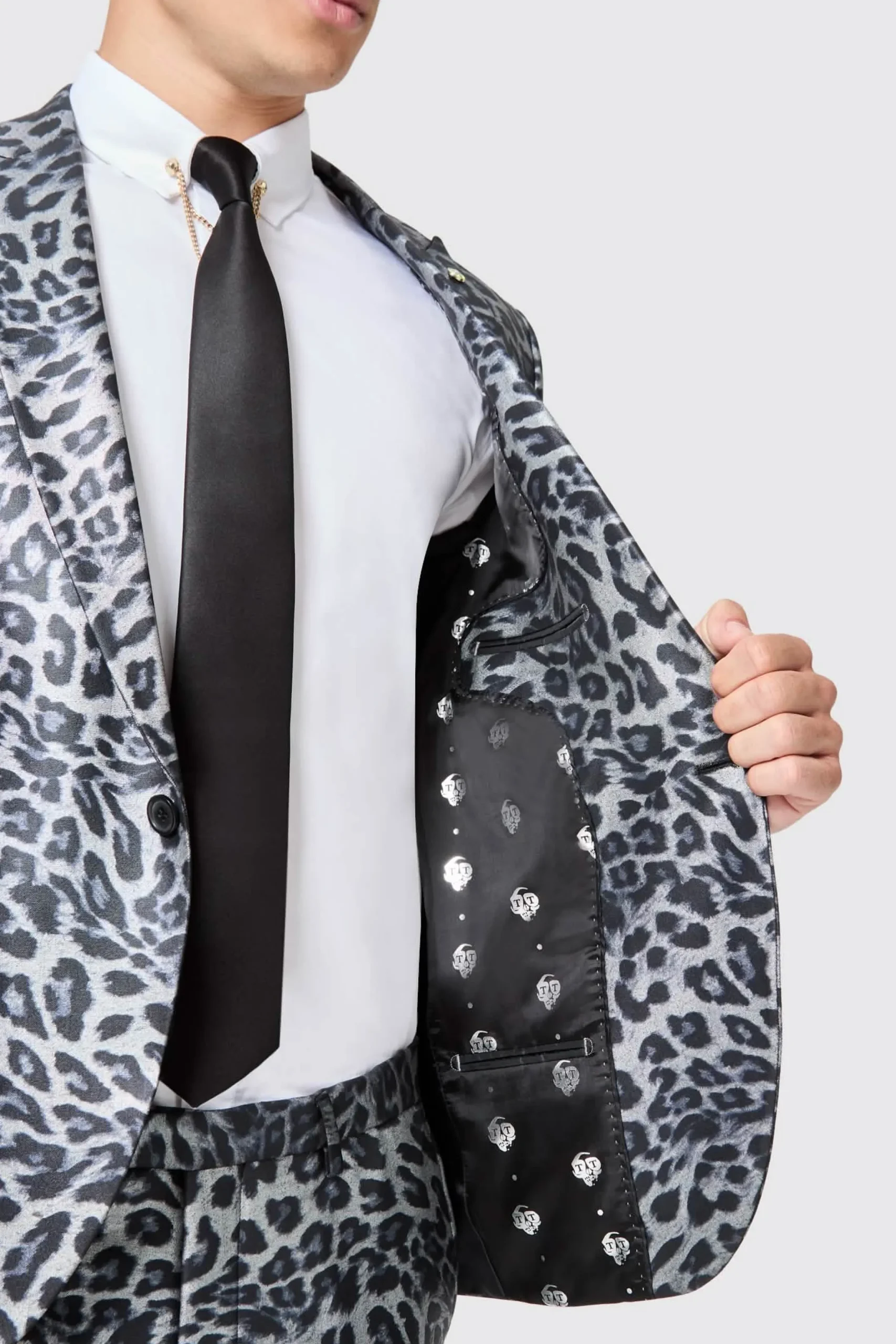 Twisted Tailor Devries Slim Fit Silver Leopard Print Tuxedo Jacket | Jackets·Party Jackets