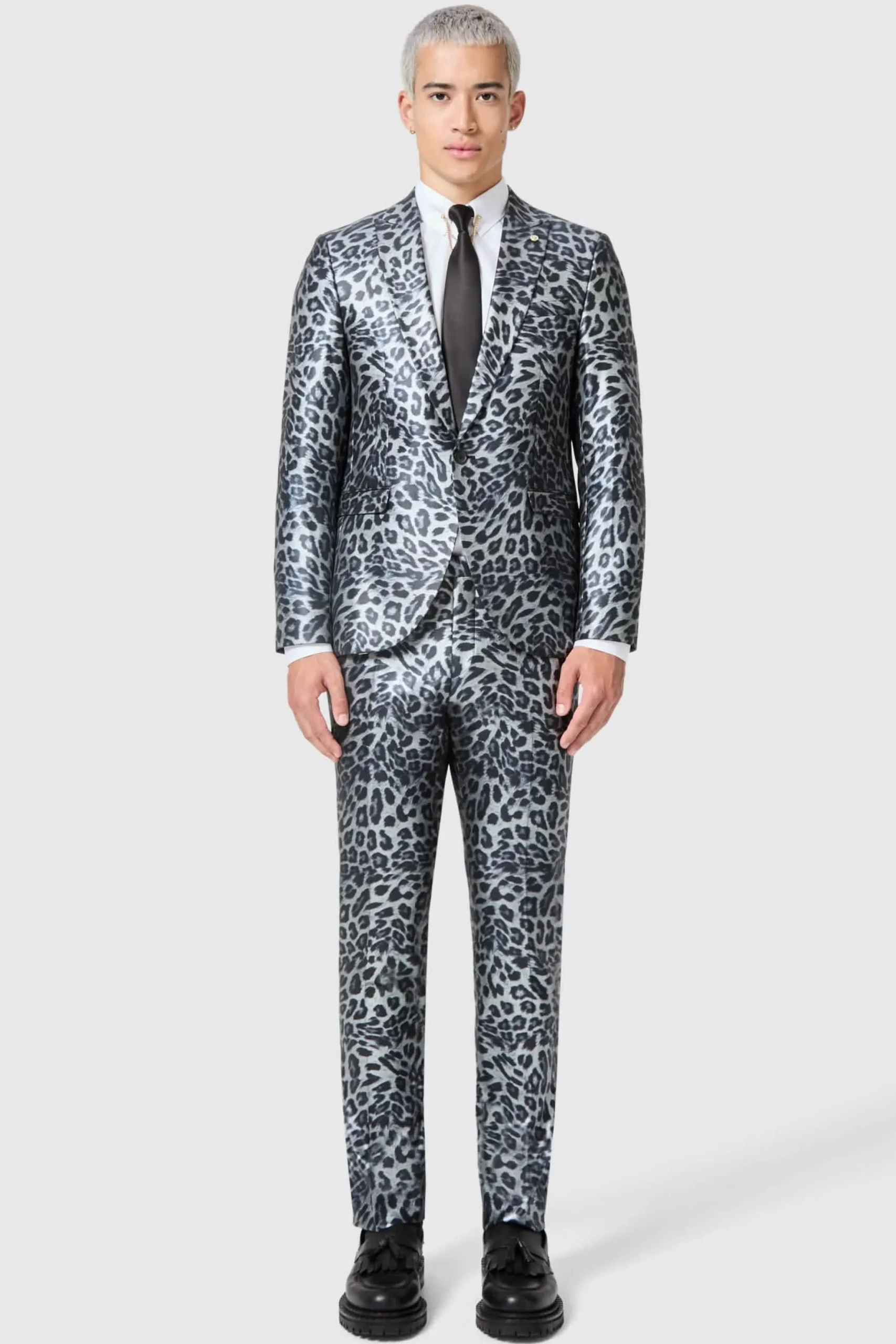 Twisted Tailor Devries Slim Fit Silver Leopard Print Tuxedo Jacket | Jackets·Party Jackets
