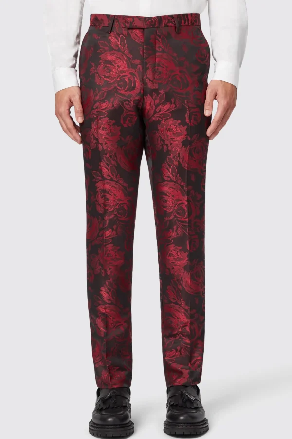 Twisted Tailor Ersat Skinny Fit Red Floral Jacquard Tuxedo Trouser | Trousers·Floral Trousers | Trousers·Party Trousers