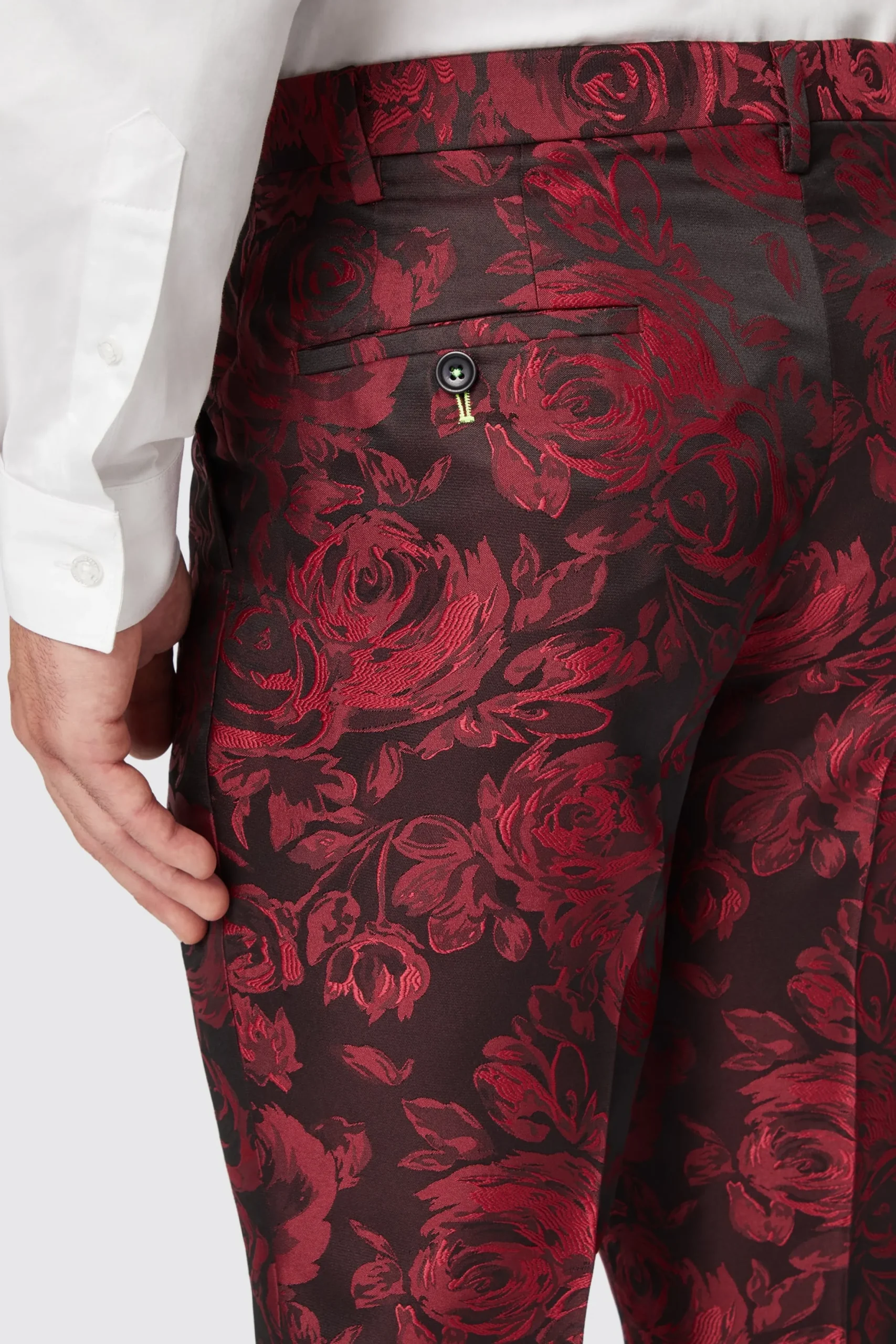 Twisted Tailor Ersat Skinny Fit Red Floral Jacquard Tuxedo Trouser | Trousers·Floral Trousers | Trousers·Party Trousers