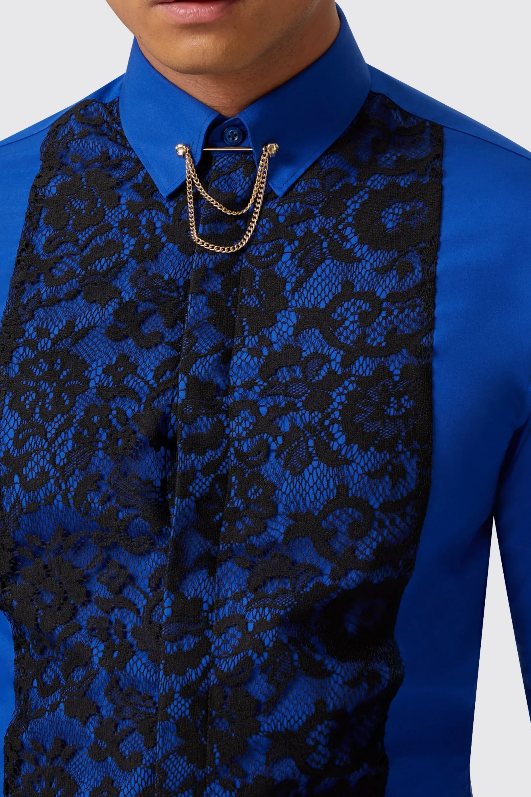 Twisted Tailor Form Skinny Fit Blue Lace Panel Shirt | Style·Patterned Shirts | Style·Plain Shirts