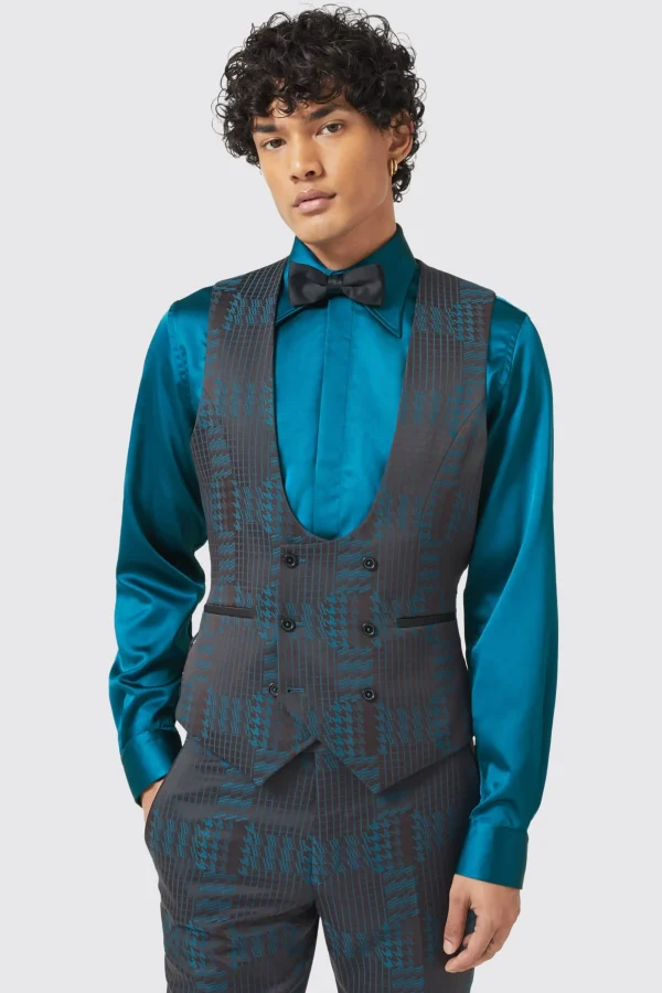 Twisted Tailor Garland Skinny Fit Black Green Check Waistcoat | Waistcoats