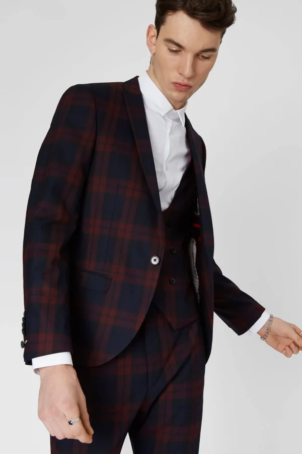 Twisted Tailor Ginger Skinny Fit Burgundy Tartan Jacket | Jackets·Work Jackets