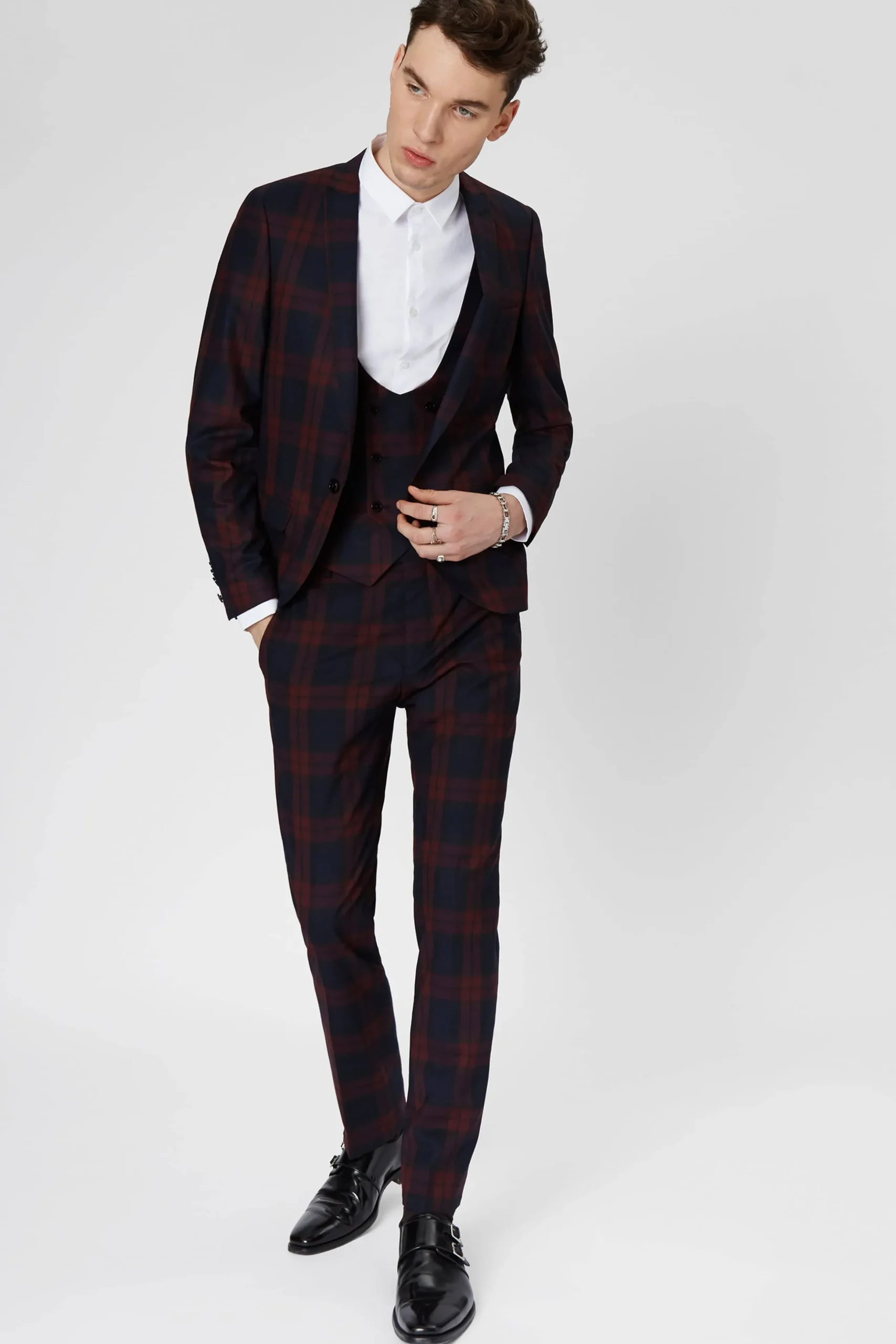 Twisted Tailor Ginger Skinny Fit Burgundy Tartan Jacket | Jackets·Work Jackets