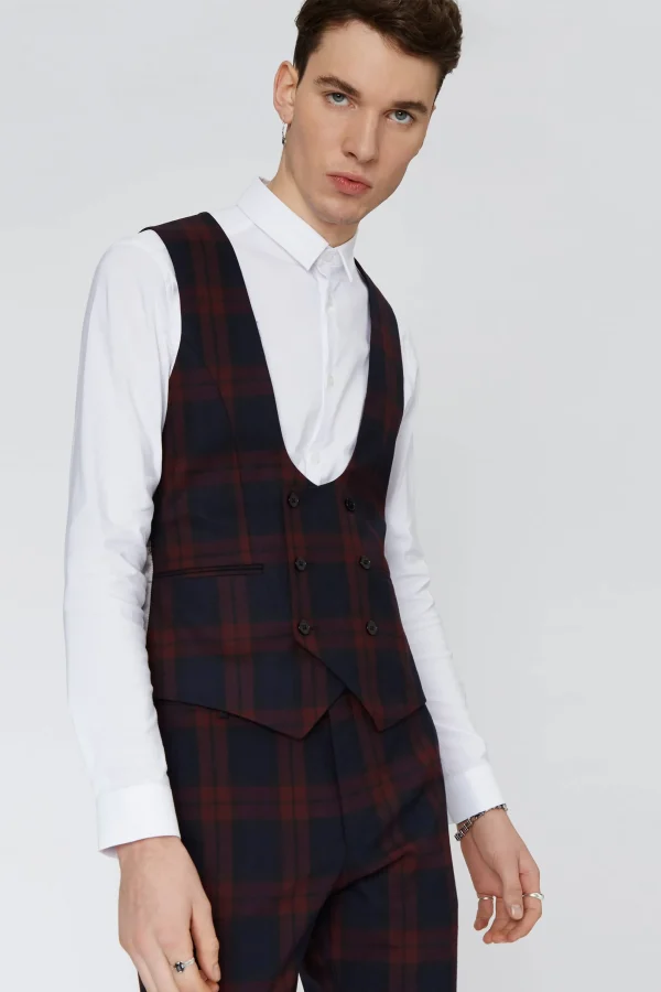 Twisted Tailor Ginger Skinny Fit Burgundy Tartan Waistcoat | Waistcoats