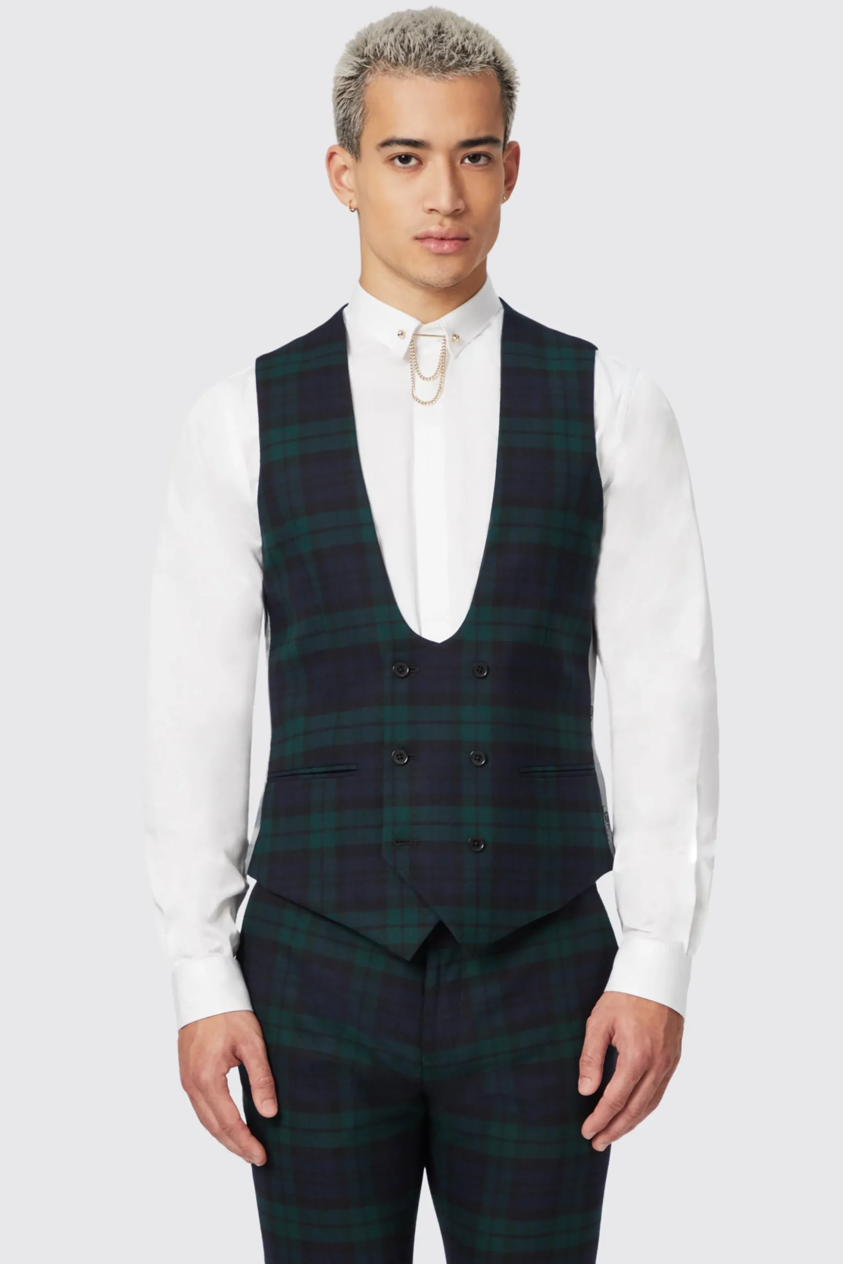 Twisted Tailor Ginger Skinny Fit Green Tartan Waistcoat | Waistcoats