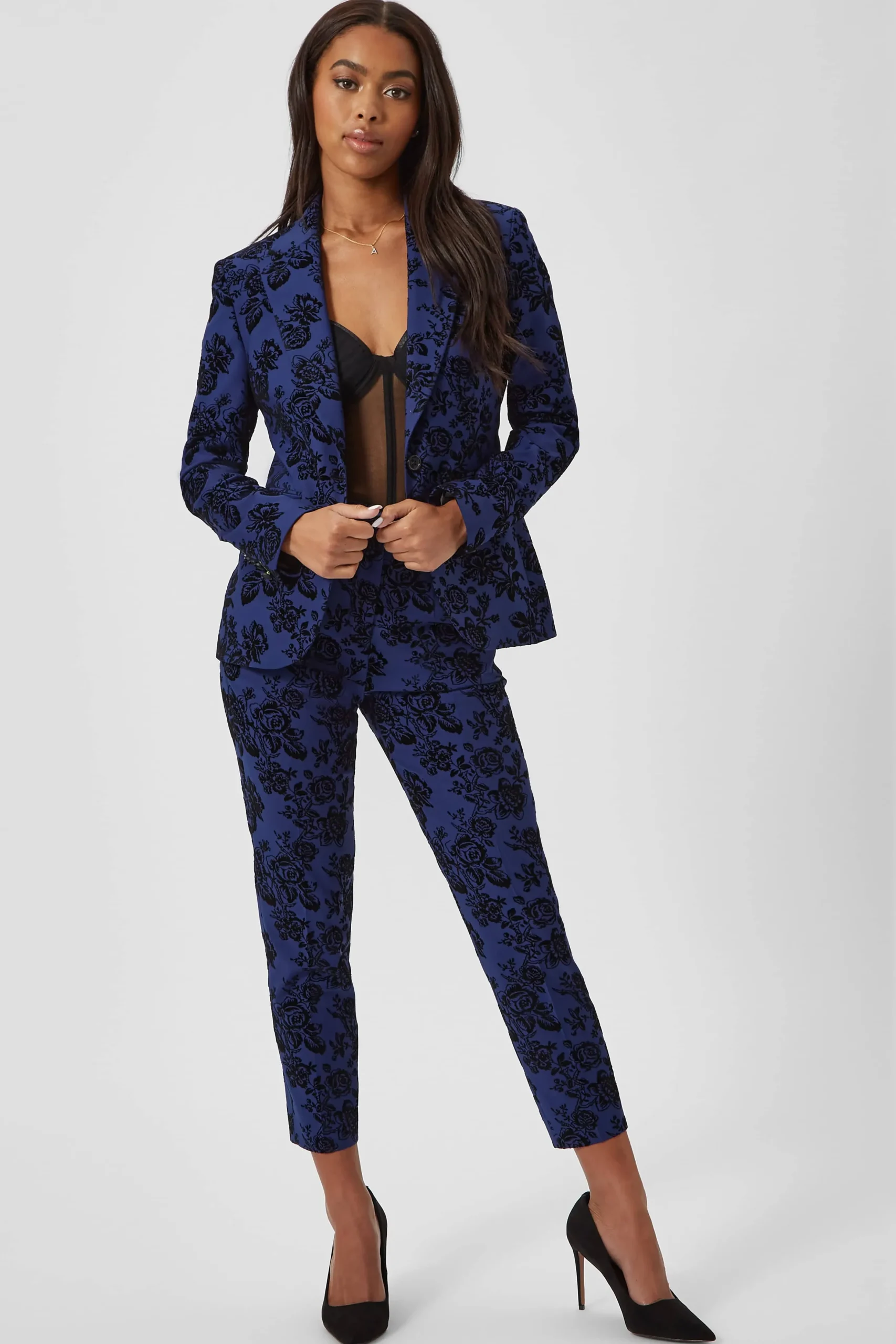 Twisted Tailor Jackalope Skinny Fit Blue Floral Flocked Jacket | Woman
