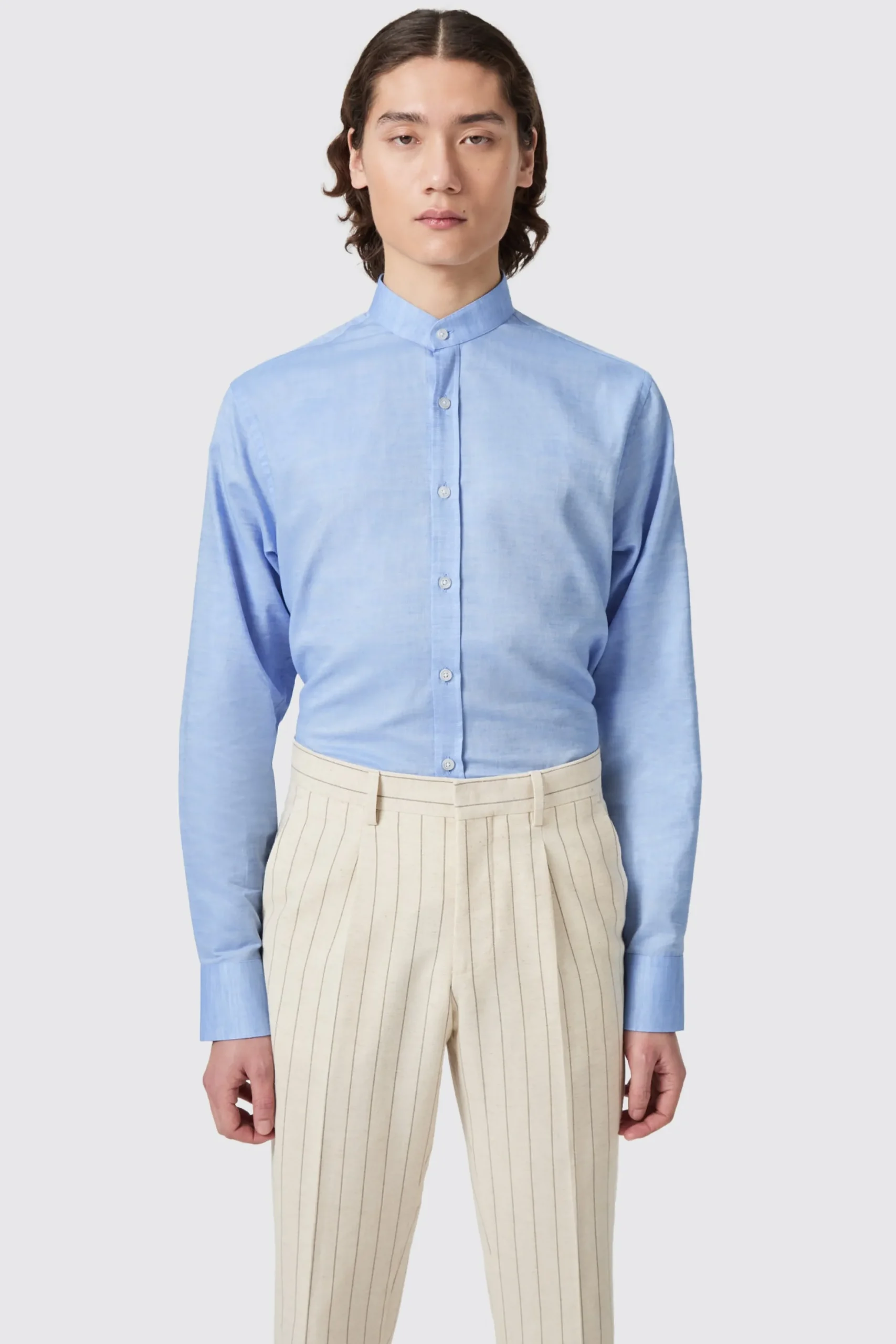 Twisted Tailor Saunders Slim Fit Grandad Collar Blue Linen Shirt | Style·Premium Shirts | Style·Everyday Essentials