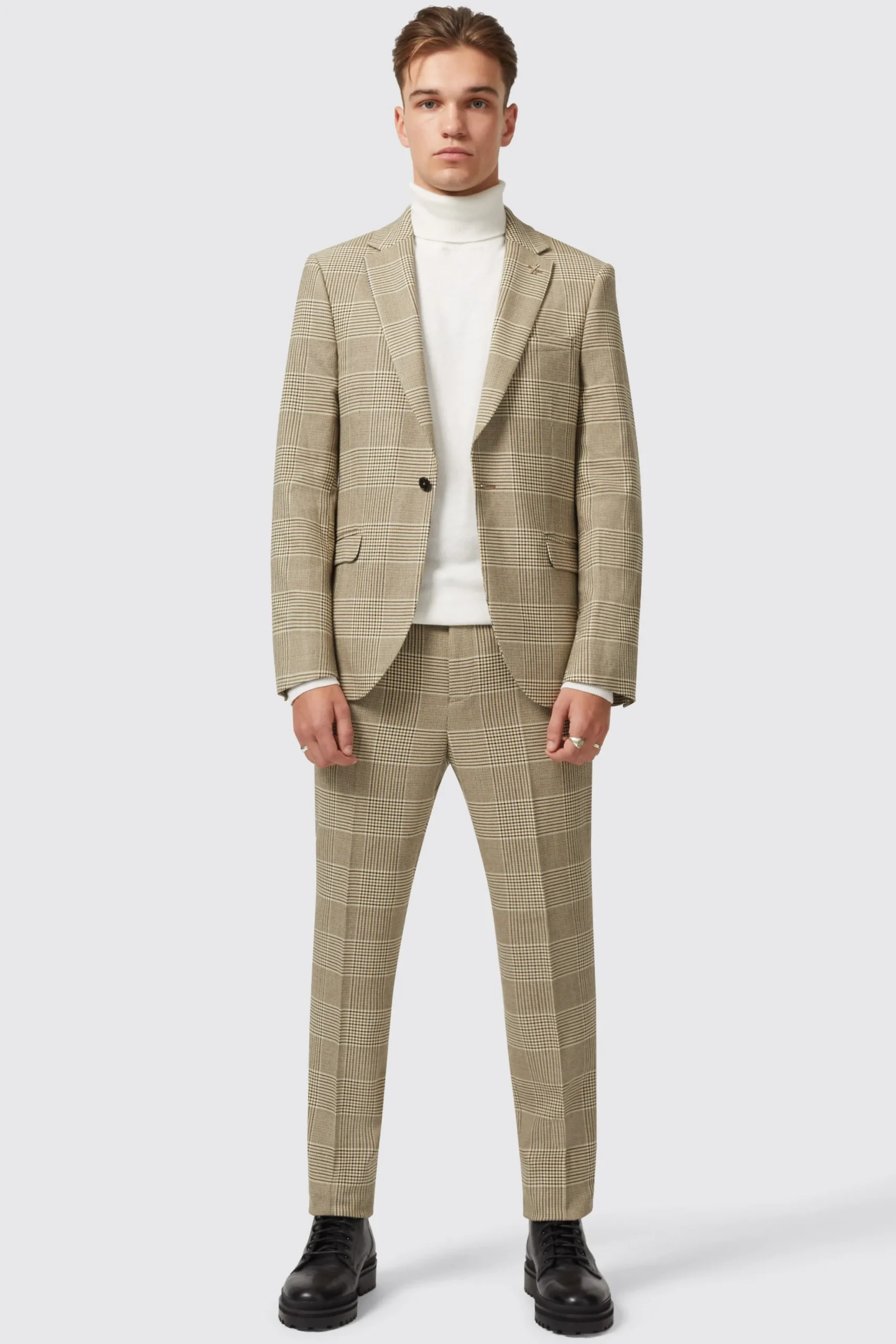 Twisted Tailor Strauss Slim Fit Neutral Check Trouser | Trousers·Casual Trousers | Trousers·Work Trousers