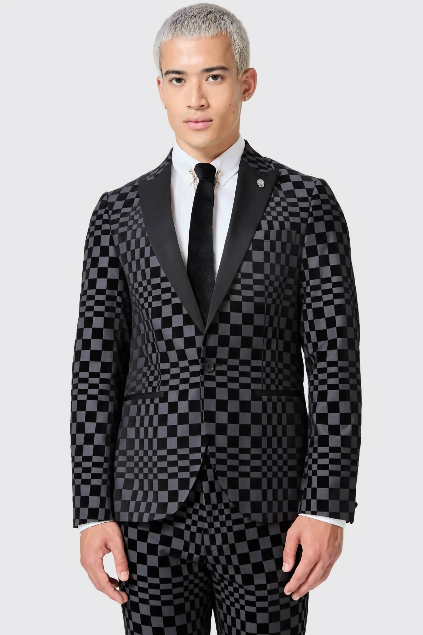 Twisted Tailor Tiber Skinny Fit Grey Check Tuxedo Suit | Style·2 Piece Suits | Style·Bold Prints