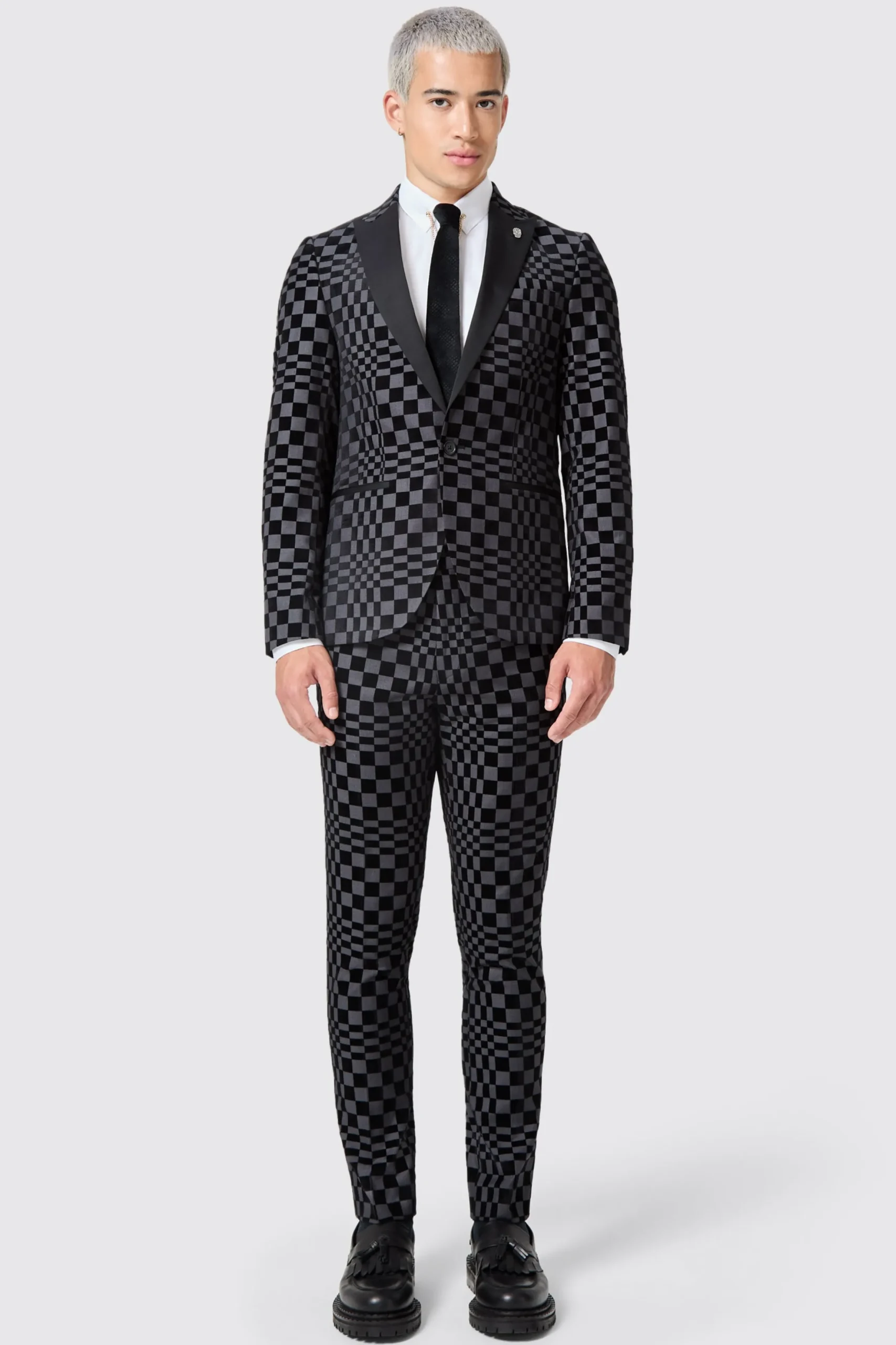 Twisted Tailor Tiber Skinny Fit Grey Check Tuxedo Trousers | Trousers·Party Trousers