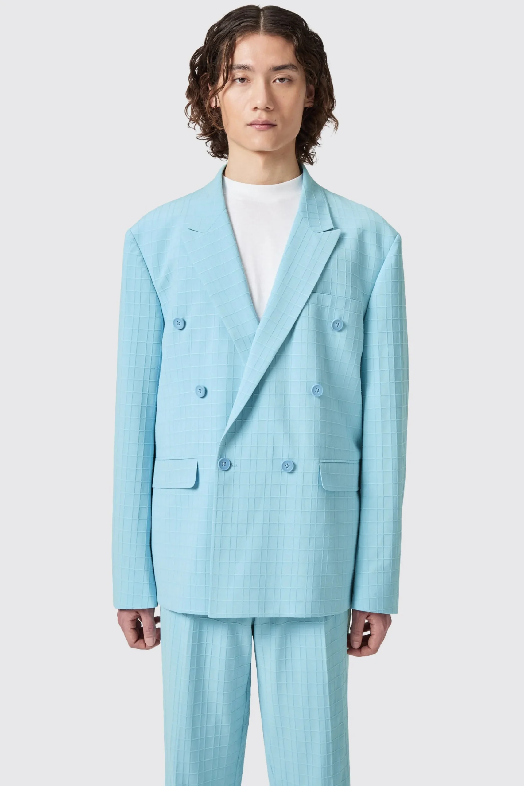 Twisted Tailor Zidan Oversized Blue Jacquard Double Breasted Suit | Unisex | Style·Plain Suits